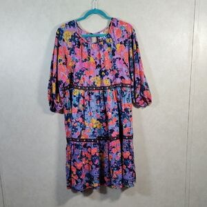 03541 Anthropologie multi-color floral print tiered cotton blend dress XS